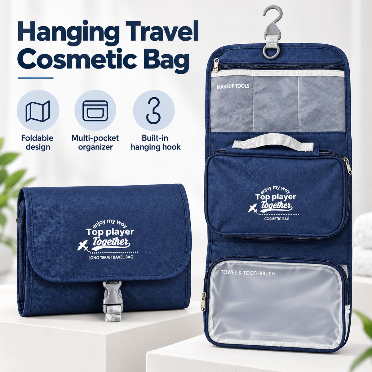 Navy Hanging Travel Cosmetic Bag